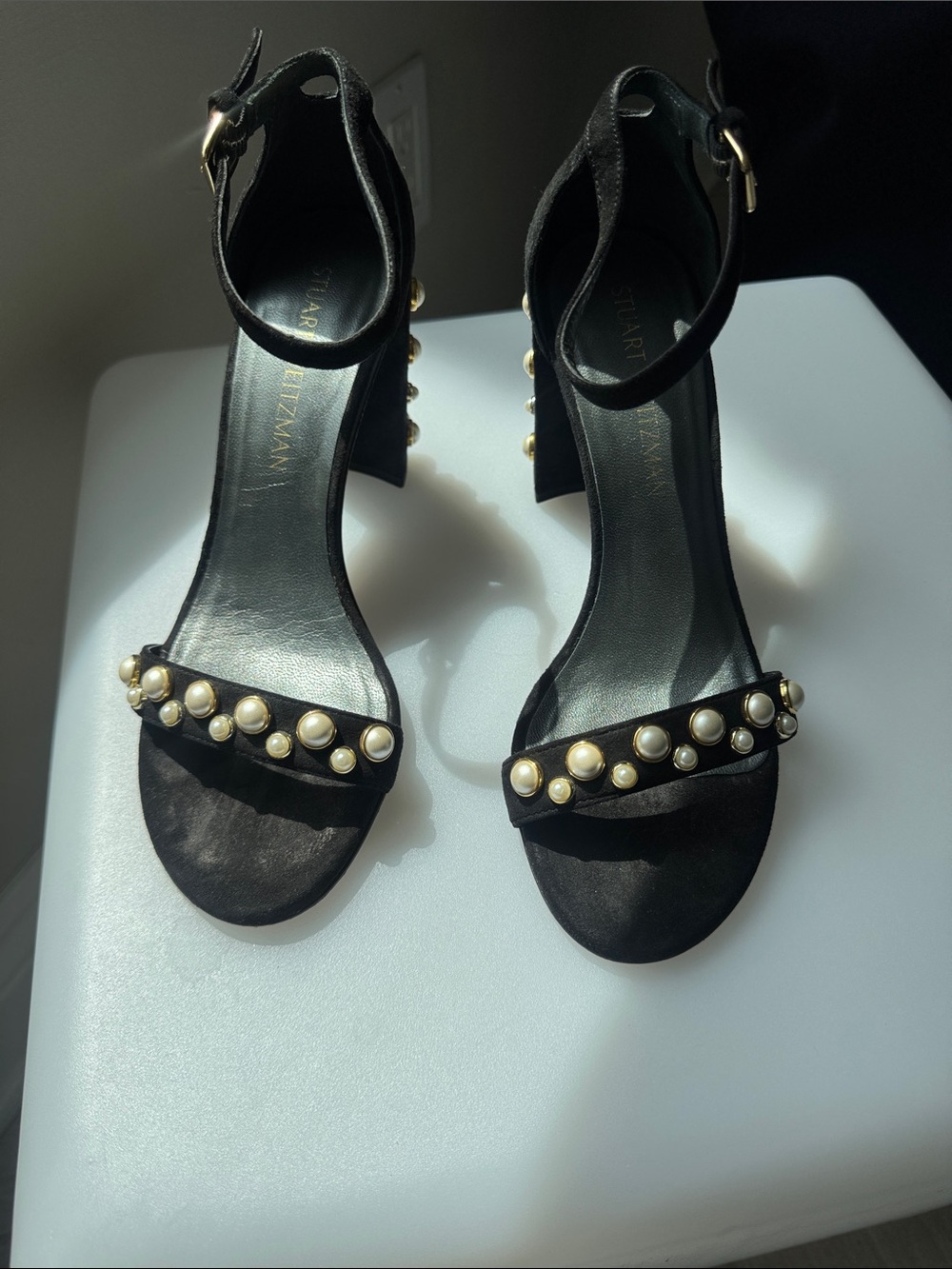 Stuart Weitzman Black Pearl-Embellished Ankle-Strap Heels